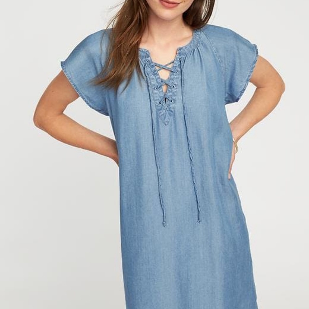 Old Navy Chambray Blue Lace-Up Tencel Shift Dress